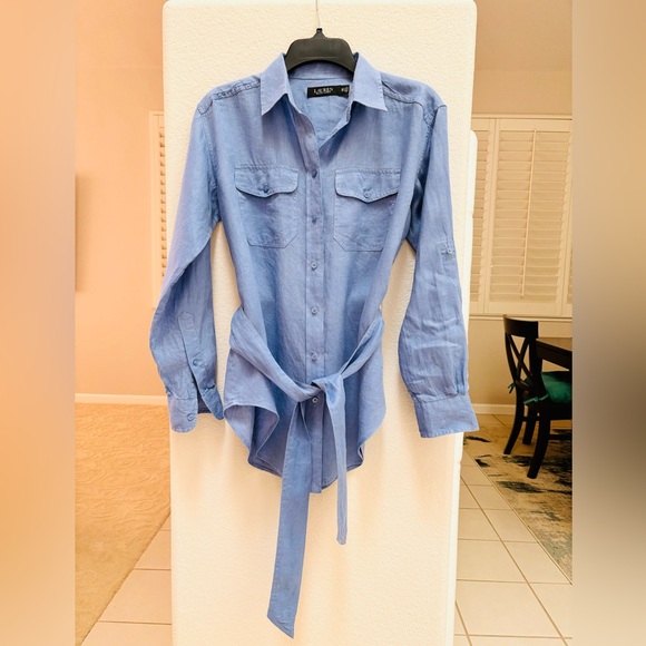 LAUREN RALPH LAUREN Relaxed Fit Belted Linen Shirt Copen Blue XS - Picture 6 of 13
